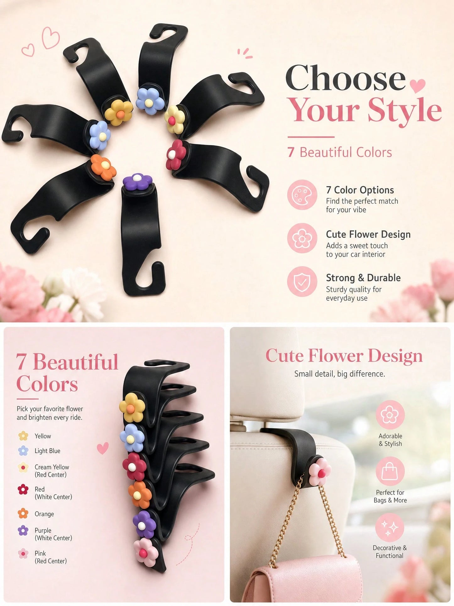 Cute Flower Car Headrest Hook, Car Seat Back Bag Hook & Bag Hanger, Universal Car Storage Organizer Rack, Suitable For Umbrellas, Backpacks, Shopping Bags, Women Girls Car Interior Accessories Decor