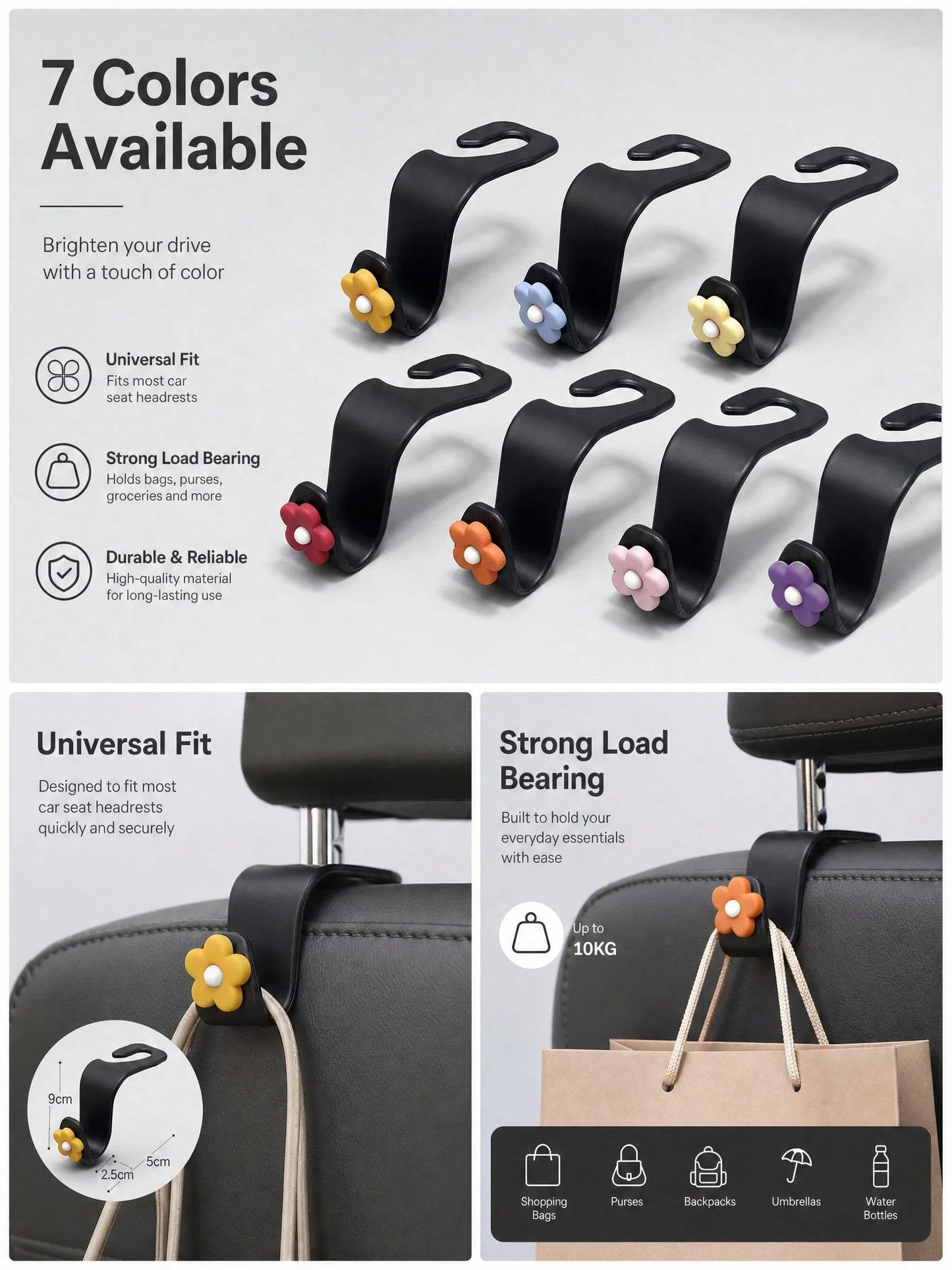 Cute Flower Car Headrest Hook, Car Seat Back Bag Hook & Bag Hanger, Universal Car Storage Organizer Rack, Suitable For Umbrellas, Backpacks, Shopping Bags, Women Girls Car Interior Accessories Decor