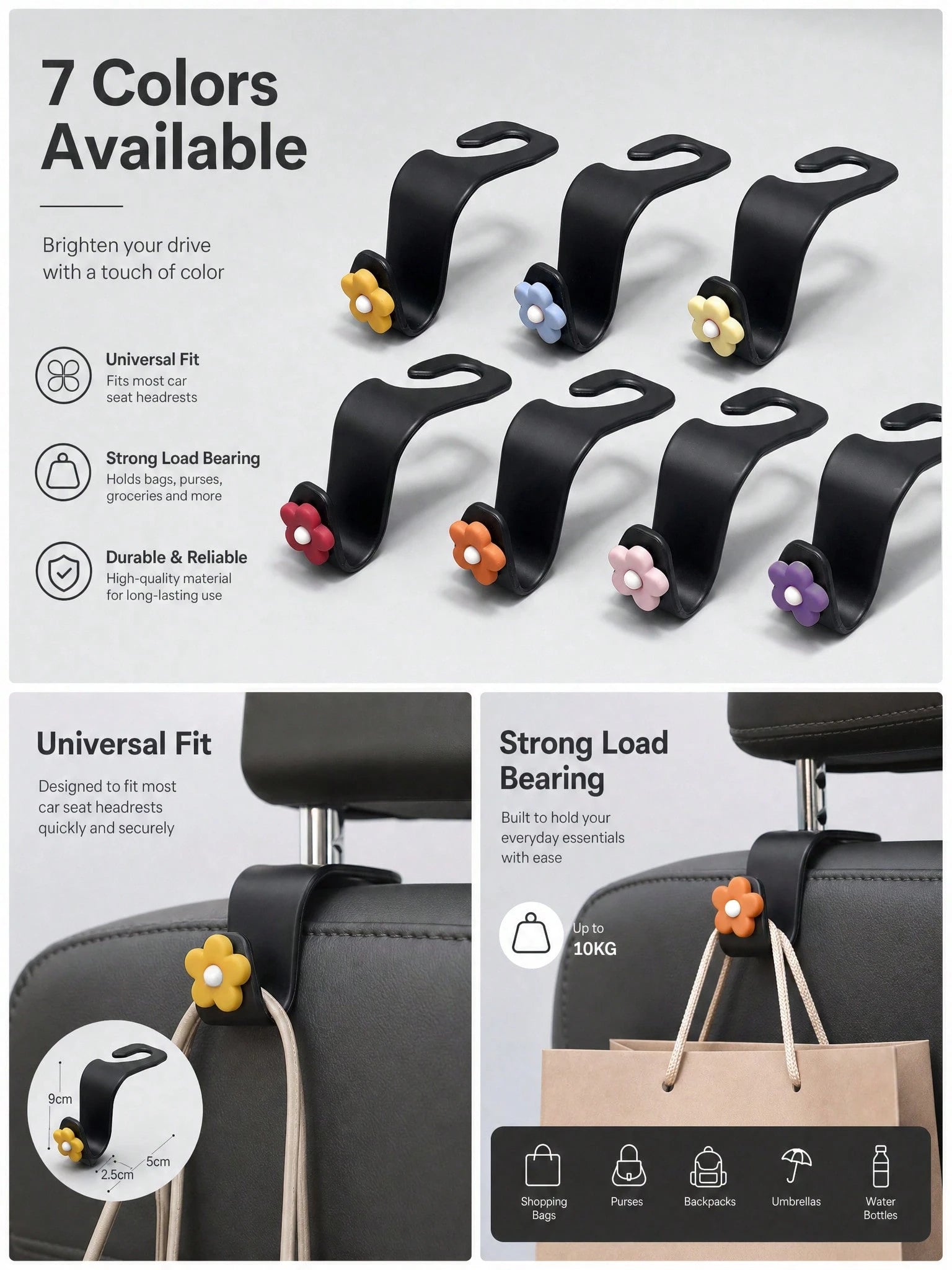 Cute Flower Car Headrest Hook, Car Seat Back Bag Hook & Bag Hanger, Universal Car Storage Organizer Rack, Suitable For Umbrellas, Backpacks, Shopping Bags, Women Girls Car Interior Accessories Decor
