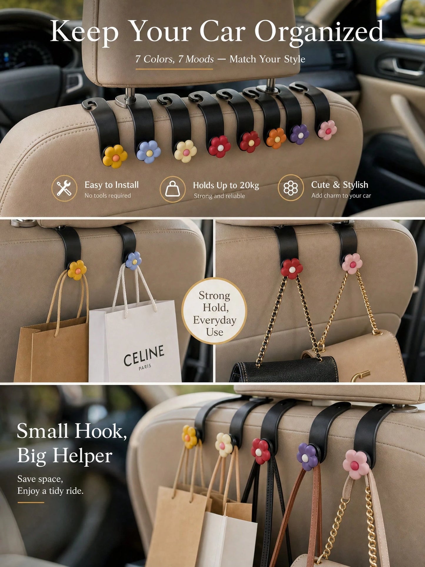 Cute Flower Car Headrest Hook, Car Seat Back Bag Hook & Bag Hanger, Universal Car Storage Organizer Rack, Suitable For Umbrellas, Backpacks, Shopping Bags, Women Girls Car Interior Accessories Decor