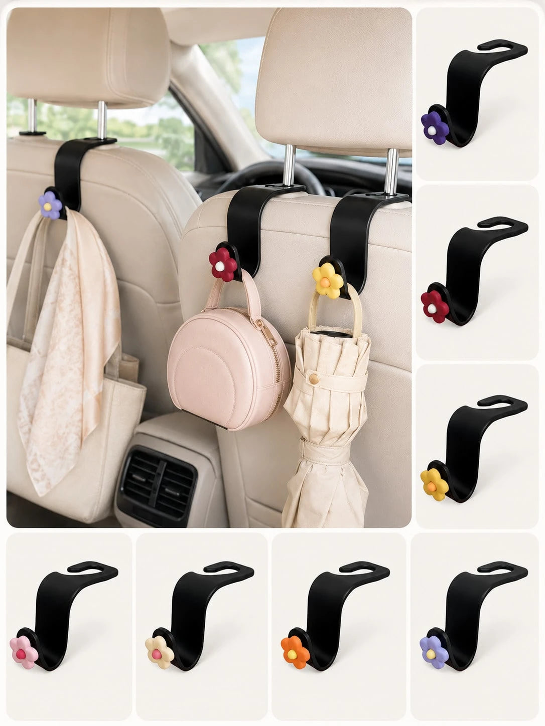 Cute Flower Car Headrest Hook, Car Seat Back Bag Hook & Bag Hanger, Universal Car Storage Organizer Rack, Suitable For Umbrellas, Backpacks, Shopping Bags, Women Girls Car Interior Accessories Decor