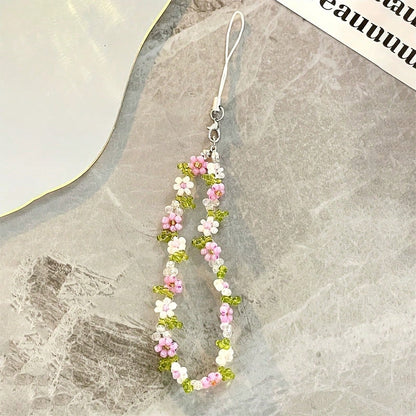 Cute Girl's Pink Flower Phone Lanyard, Universal CCD Camera Strap, DIY Beaded Pendant