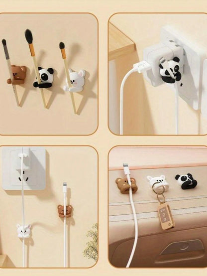 Cute Panda & Rabbit Desk Multifunctional Mouse Cord, Headphone Cord, Data Cable Organizer Holder, Silicone Adhesive Cable Clip, No Nail For Office, Dorm And Home Use