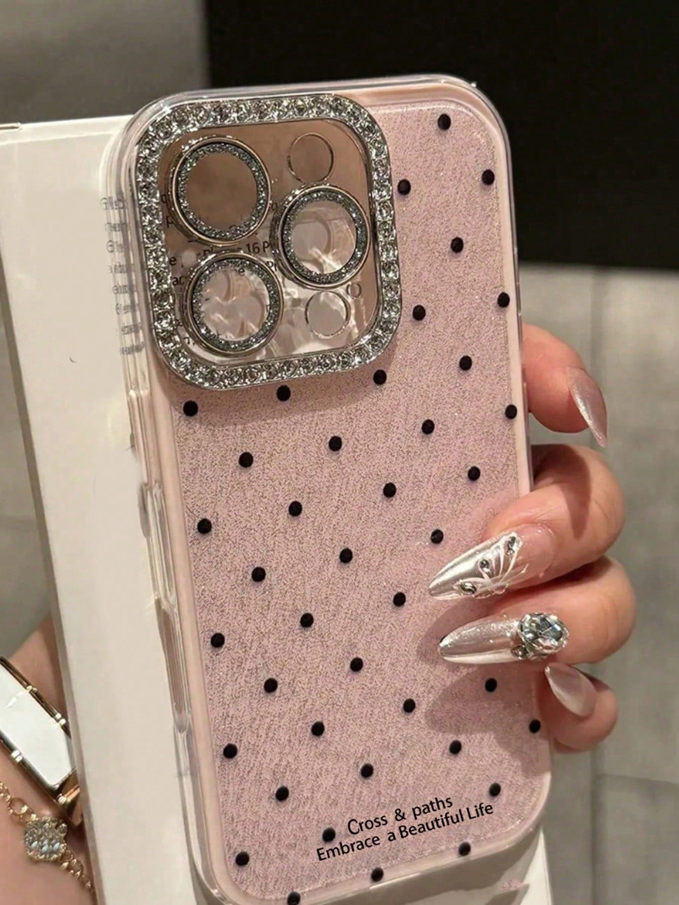 Cute Pink Black Polka Dot Pattern Fashion Phone Case Shining Rhinestone Polka Dot Rhinestone Camera Fashion Phone Cases Shiny Polka Dot & Sequin Phone Case Compatible With IPhone 17 Air 16 15 14 13 12
