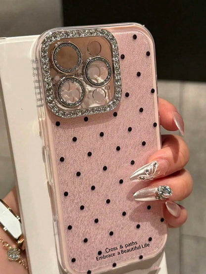 Cute Pink Black Polka Dot Pattern Fashion Phone Case Shining Rhinestone Polka Dot Rhinestone Camera Fashion Phone Cases Shiny Polka Dot & Sequin Phone Case Compatible With IPhone 17 Air 16 15 14 13 12