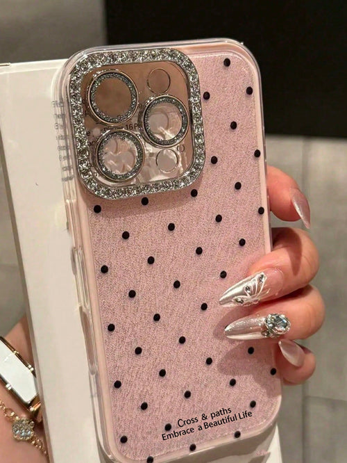Cute Pink Black Polka Dot Pattern Fashion Phone Case Shining Rhinestone Polka Dot Rhinestone Camera Fashion Phone Cases Shiny Polka Dot & Sequin Phone Case Compatible With IPhone 17 Air 16 15 14 13 12