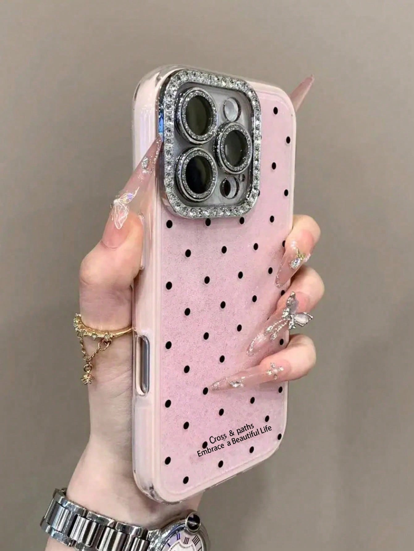 Cute Pink Black Polka Dot Pattern Fashion Phone Case Shining Rhinestone Polka Dot Rhinestone Camera Fashion Phone Cases Shiny Polka Dot & Sequin Phone Case Compatible With IPhone 17 Air 16 15 14 13 12