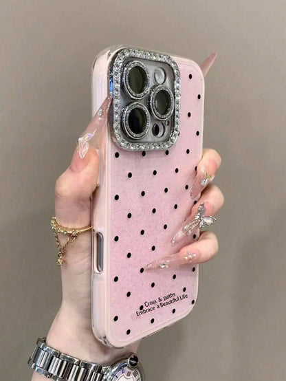 Cute Pink Black Polka Dot Pattern Fashion Phone Case Shining Rhinestone Polka Dot Rhinestone Camera Fashion Phone Cases Shiny Polka Dot & Sequin Phone Case Compatible With IPhone 17 Air 16 15 14 13 12