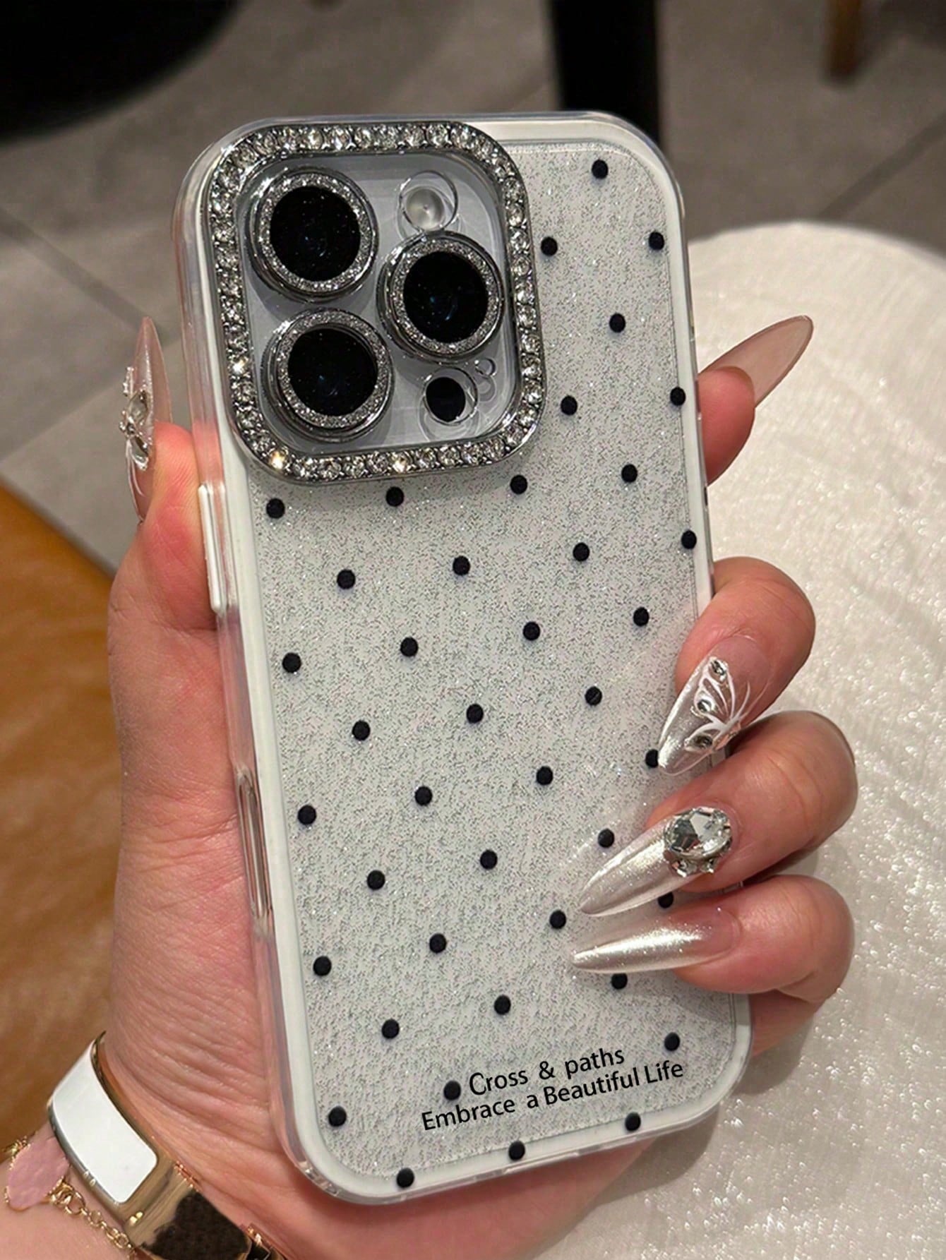 Cute Pink Black Polka Dot Pattern Fashion Phone Case Shining Rhinestone Polka Dot Rhinestone Camera Fashion Phone Cases Shiny Polka Dot & Sequin Phone Case Compatible With IPhone 17 Air 16 15 14 13 12