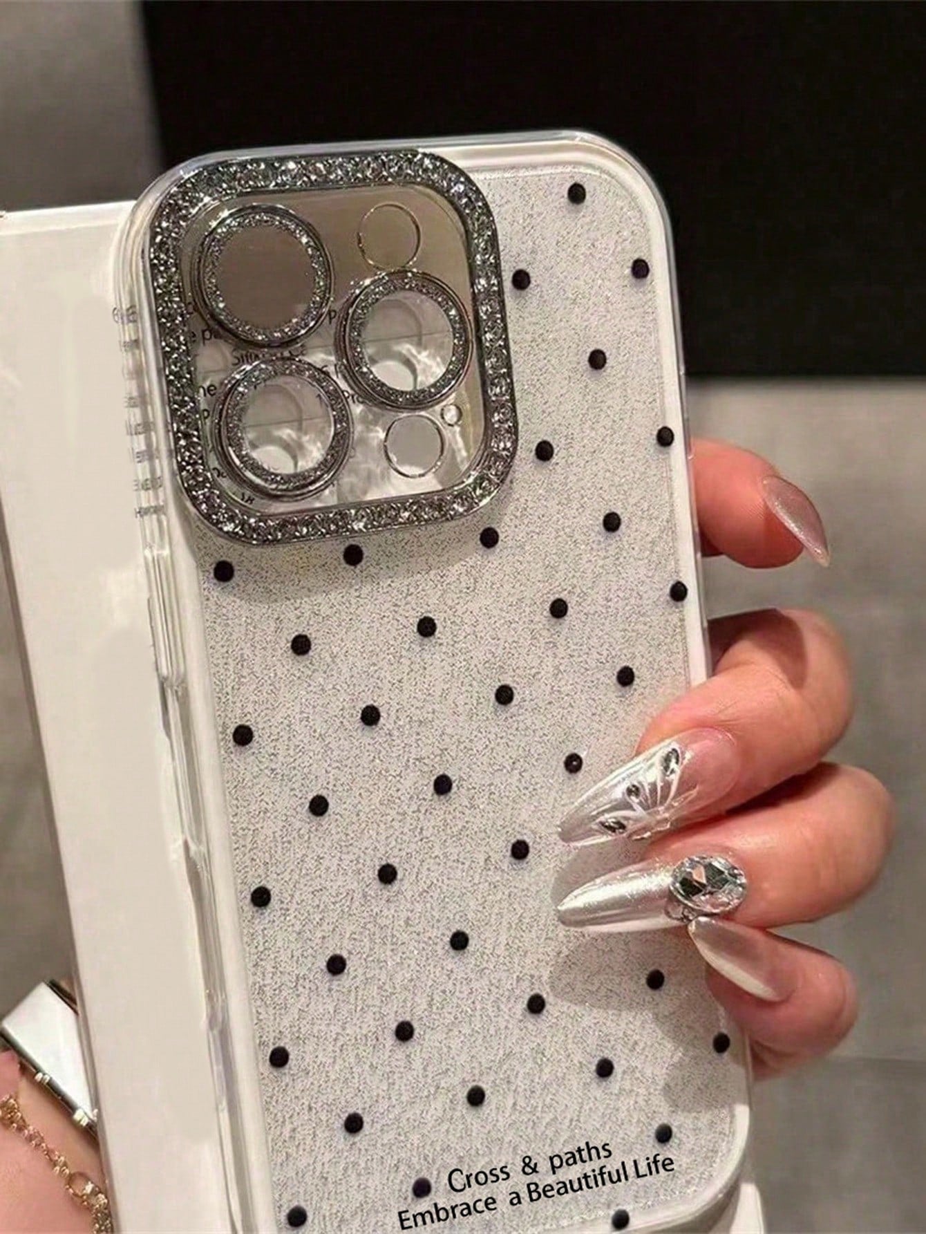 Cute Pink Black Polka Dot Pattern Fashion Phone Case Shining Rhinestone Polka Dot Rhinestone Camera Fashion Phone Cases Shiny Polka Dot & Sequin Phone Case Compatible With IPhone 17 Air 16 15 14 13 12