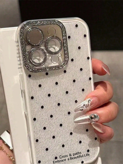 Cute Pink Black Polka Dot Pattern Fashion Phone Case Shining Rhinestone Polka Dot Rhinestone Camera Fashion Phone Cases Shiny Polka Dot & Sequin Phone Case Compatible With IPhone 17 Air 16 15 14 13 12