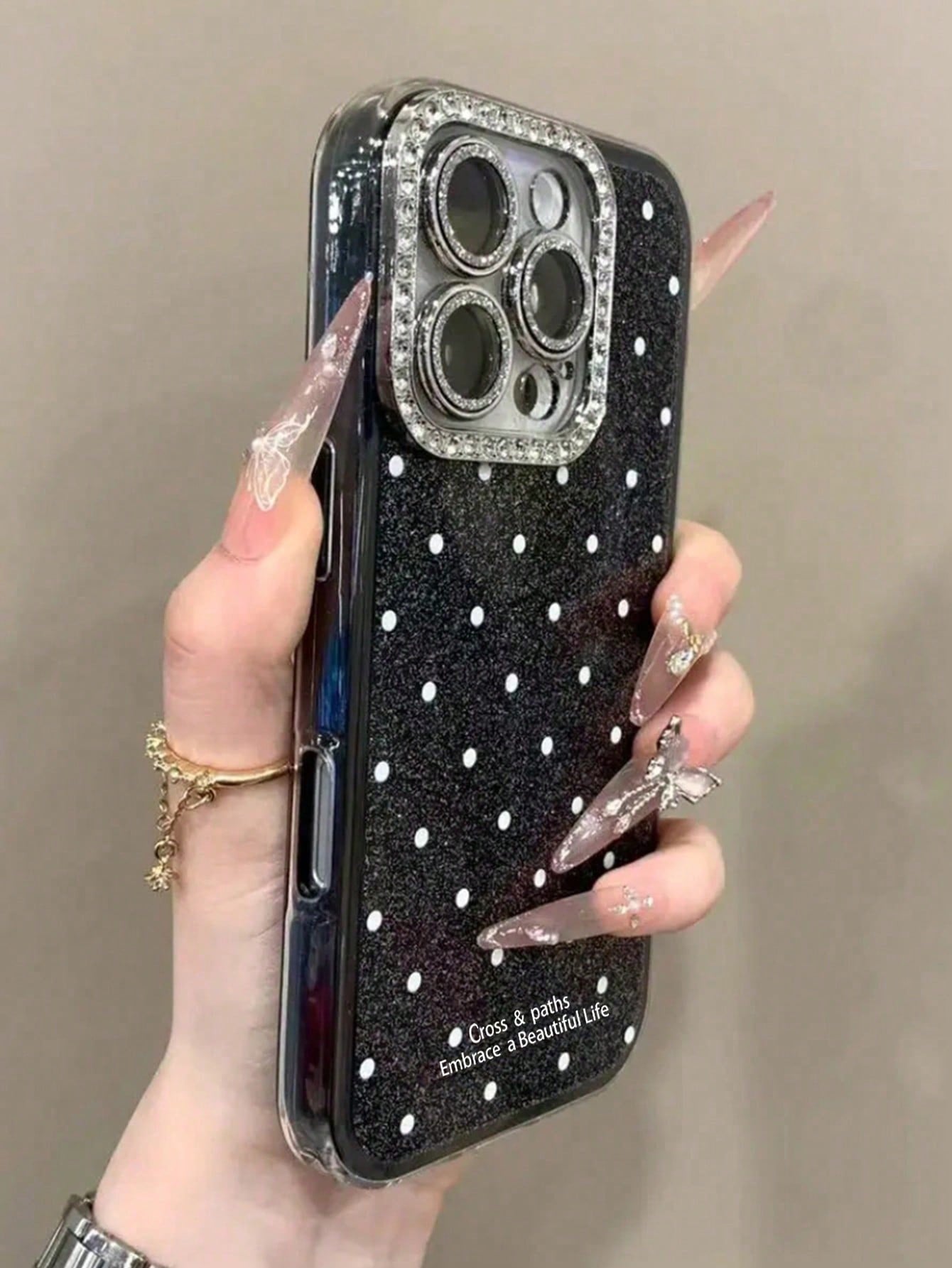 Cute Pink Black Polka Dot Pattern Fashion Phone Case Shining Rhinestone Polka Dot Rhinestone Camera Fashion Phone Cases Shiny Polka Dot & Sequin Phone Case Compatible With IPhone 17 Air 16 15 14 13 12