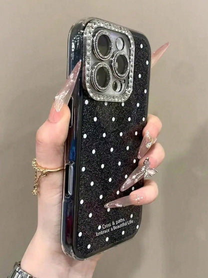 Cute Pink Black Polka Dot Pattern Fashion Phone Case Shining Rhinestone Polka Dot Rhinestone Camera Fashion Phone Cases Shiny Polka Dot & Sequin Phone Case Compatible With IPhone 17 Air 16 15 14 13 12