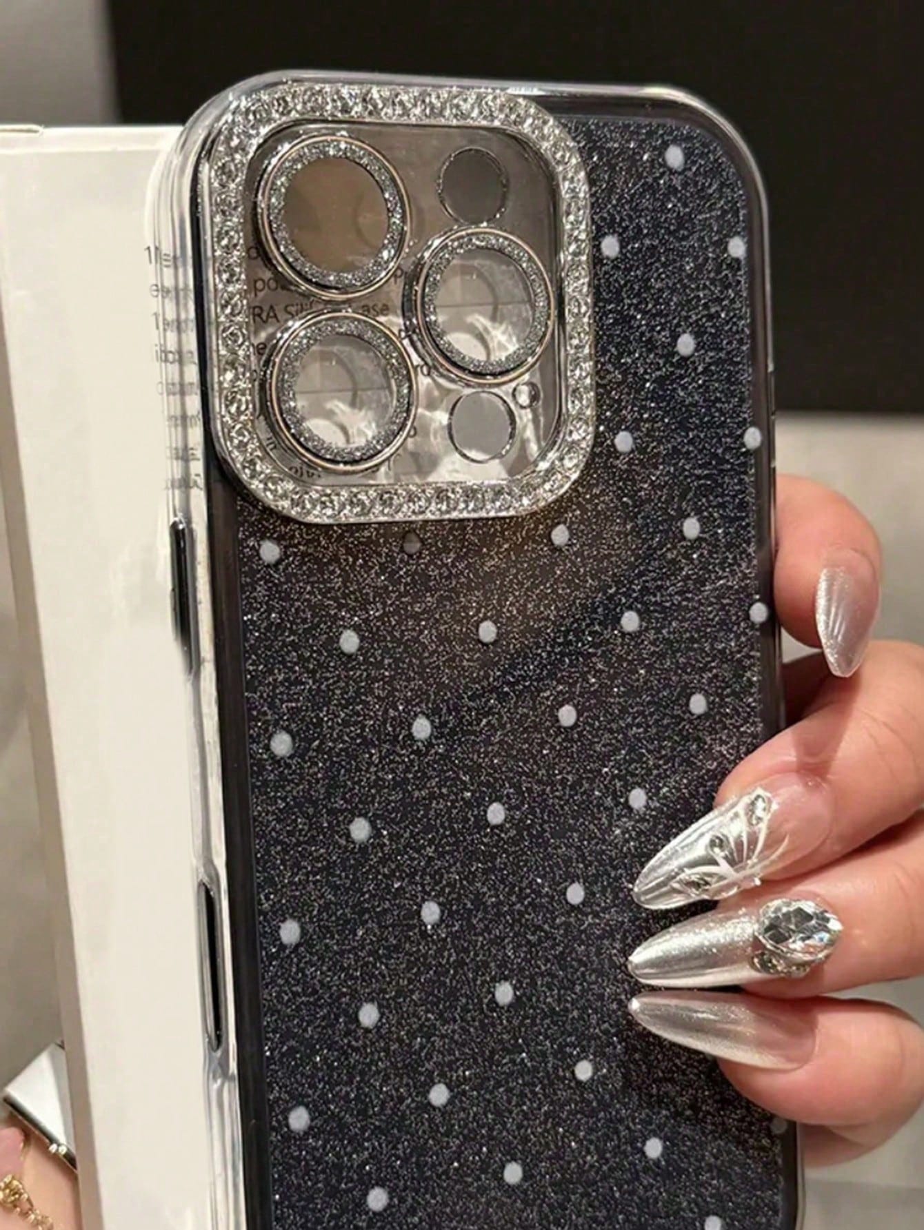 Cute Pink Black Polka Dot Pattern Fashion Phone Case Shining Rhinestone Polka Dot Rhinestone Camera Fashion Phone Cases Shiny Polka Dot & Sequin Phone Case Compatible With IPhone 17 Air 16 15 14 13 12