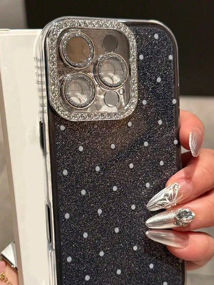 Cute Pink Black Polka Dot Pattern Fashion Phone Case Shining Rhinestone Polka Dot Rhinestone Camera Fashion Phone Cases Shiny Polka Dot & Sequin Phone Case Compatible With IPhone 17 Air 16 15 14 13 12
