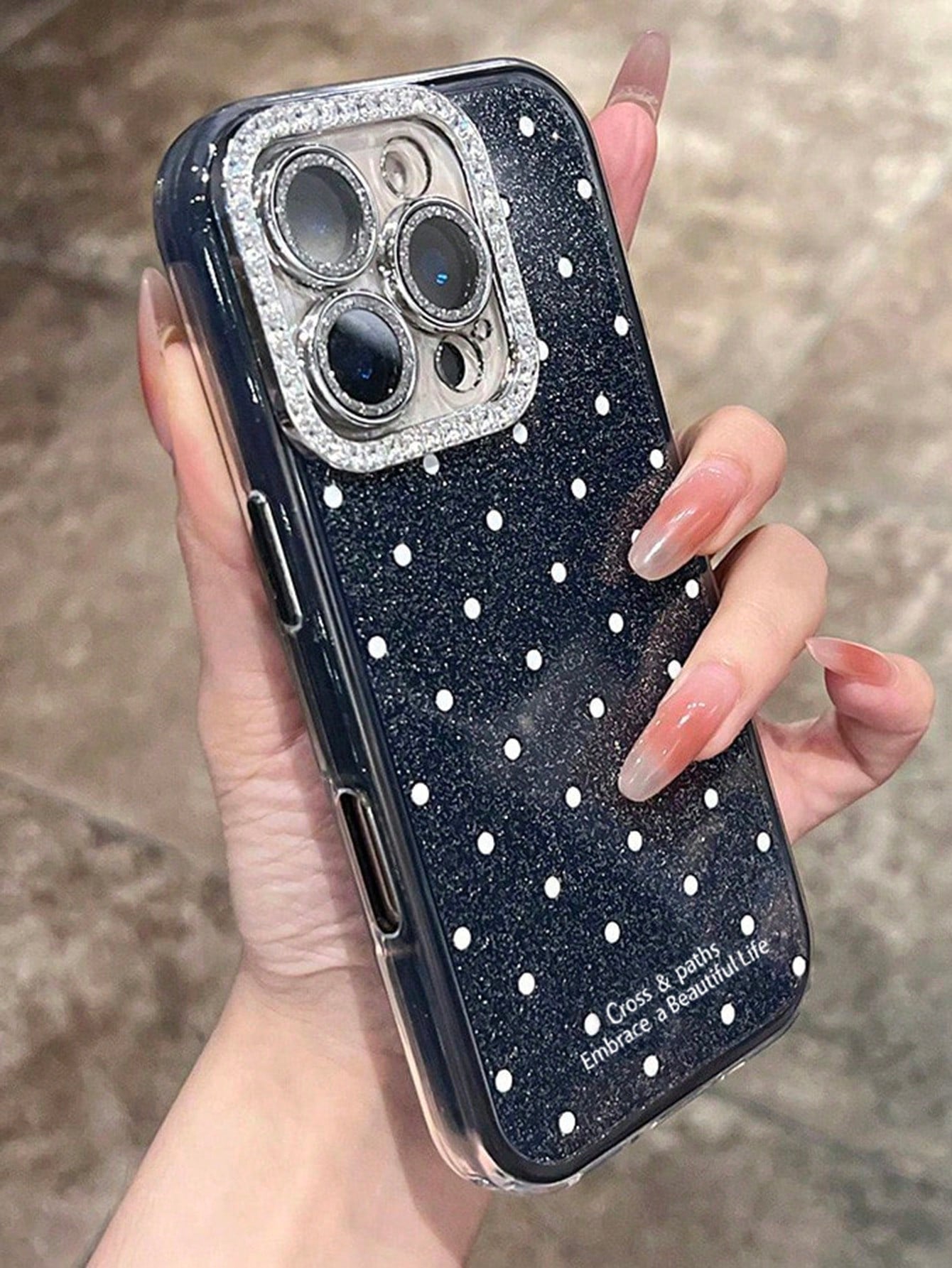 Cute Pink Black Polka Dot Pattern Fashion Phone Case Shining Rhinestone Polka Dot Rhinestone Camera Fashion Phone Cases Shiny Polka Dot & Sequin Phone Case Compatible With IPhone 17 Air 16 15 14 13 12