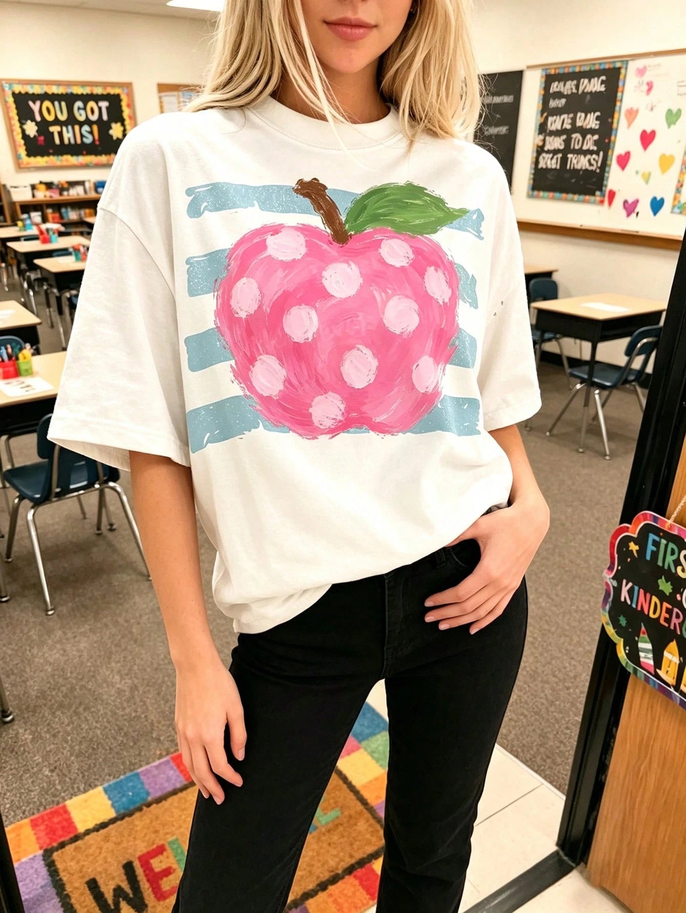 Cute Pink Polka Shirt School Teacher Graphic Tee Aesthetic Pastel Fruit Top Elementary School Teacher Outfit Her