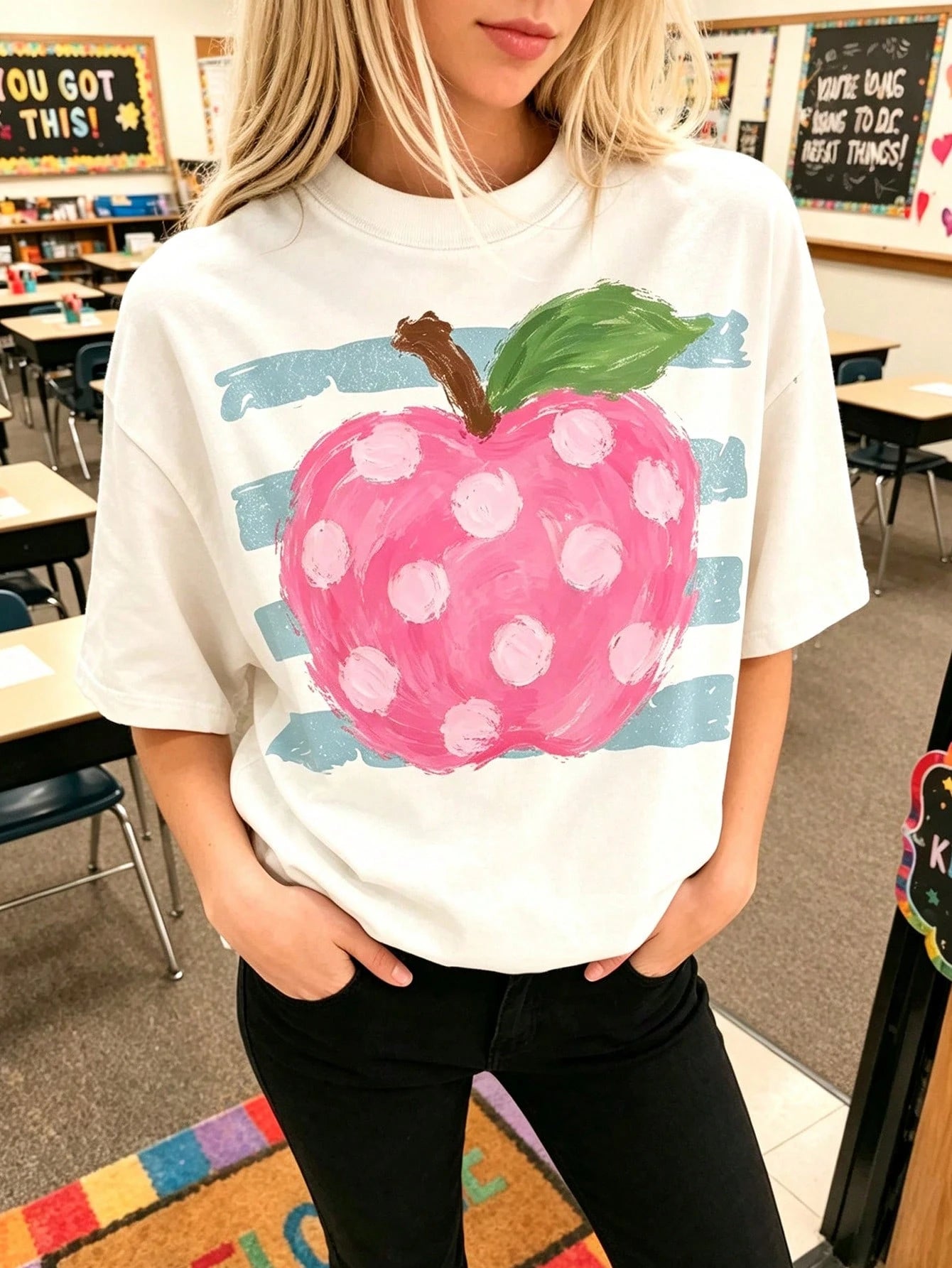 Cute Pink Polka Shirt School Teacher Graphic Tee Aesthetic Pastel Fruit Top Elementary School Teacher Outfit Her