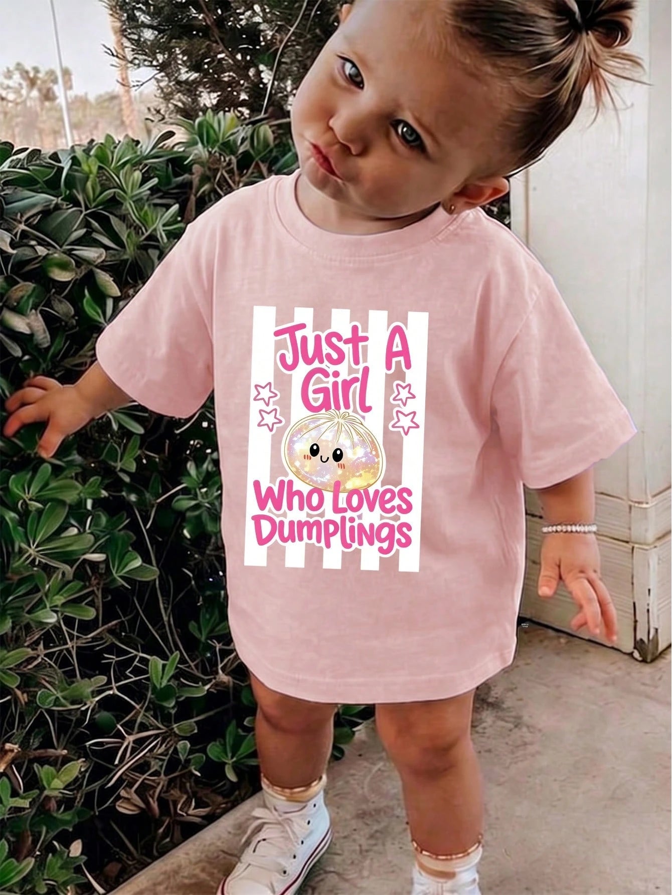 Cute Printed Crew-Neck Short-Sleeve Top For Baby Girls (Pullover Style)