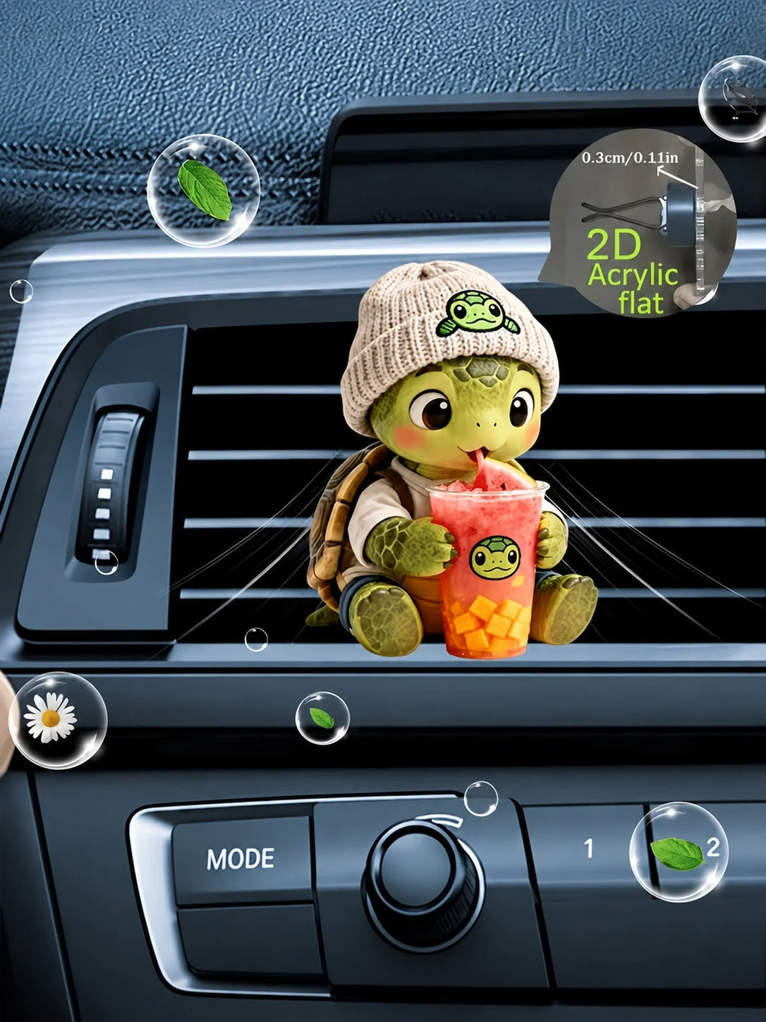 Cute Turtle Car Air Vent Clip, 2D Flat Acrylic Car Diffuser Decor, Fragrance-Free Auto Air Outlet Ornament, Lovely Car Interior Accessory, Ideal Holiday Gift For Drivers (Essential Oil Not Included)