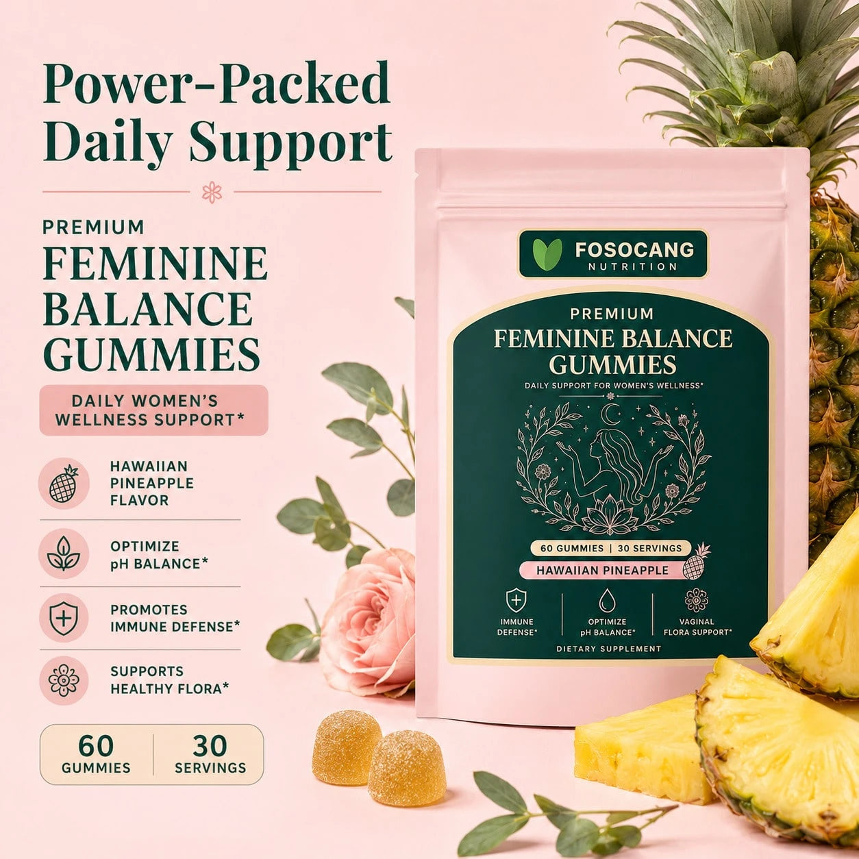Daily Feminine Gentle Wellness Chewable Gummies, Premium Women's Balance Nutrient Soft Gummy Supplement Tropical Pineapple Taste, Supports Immune & Gentle Flora Maintenance, 60 Gummies Easy Chew Seale