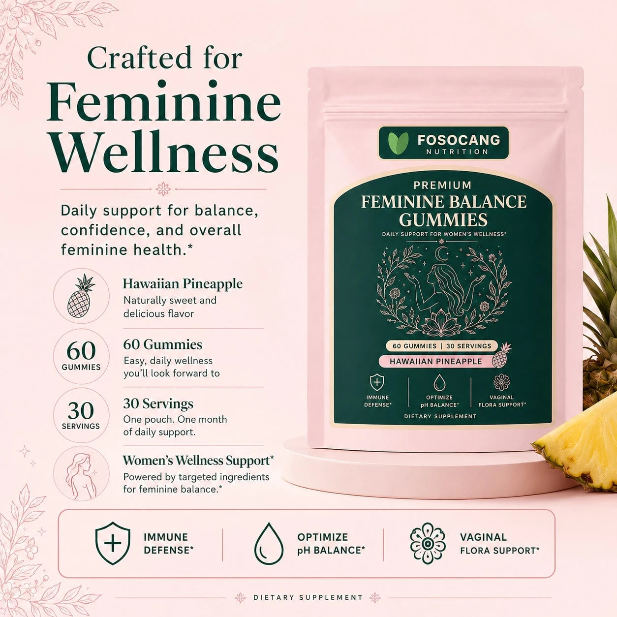 Daily Feminine Gentle Wellness Chewable Gummies, Premium Women's Balance Nutrient Soft Gummy Supplement Tropical Pineapple Taste, Supports Immune & Gentle Flora Maintenance, 60 Gummies Easy Chew Seale