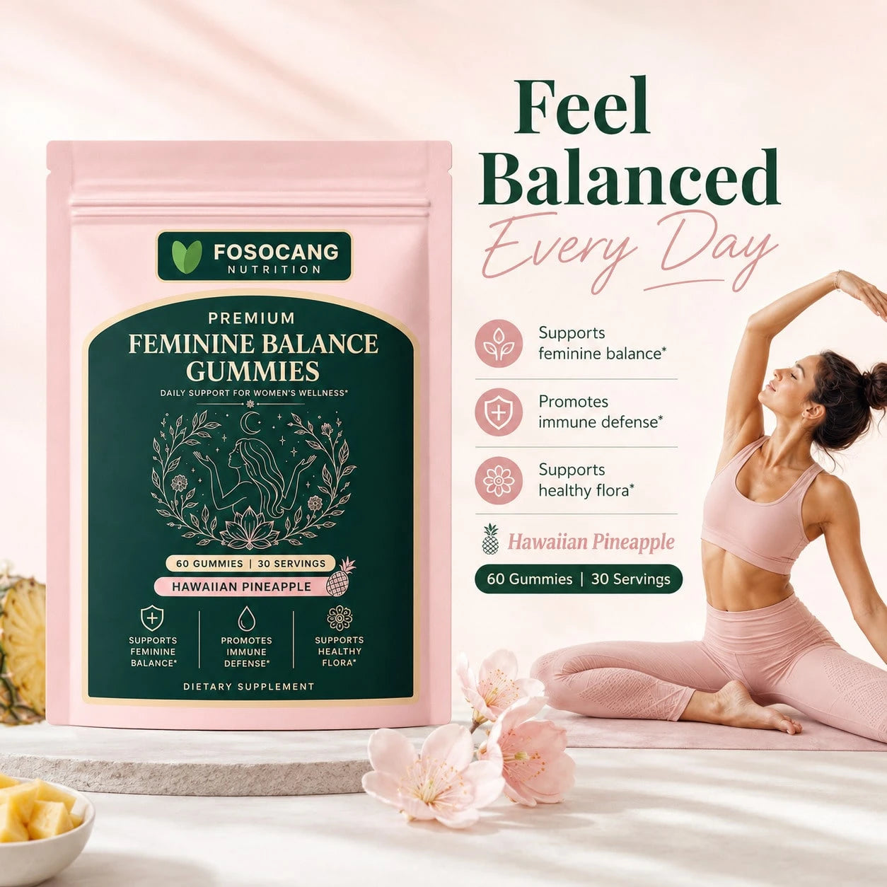 Daily Feminine Gentle Wellness Chewable Gummies, Premium Women's Balance Nutrient Soft Gummy Supplement Tropical Pineapple Taste, Supports Immune & Gentle Flora Maintenance, 60 Gummies Easy Chew Seale