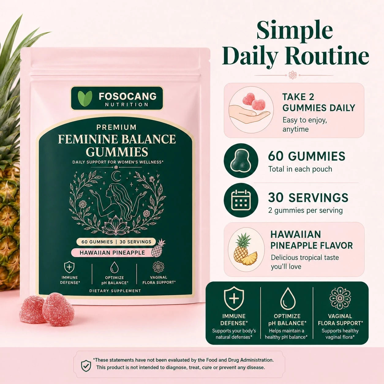 Daily Feminine Gentle Wellness Chewable Gummies, Premium Women's Balance Nutrient Soft Gummy Supplement Tropical Pineapple Taste, Supports Immune & Gentle Flora Maintenance, 60 Gummies Easy Chew Seale
