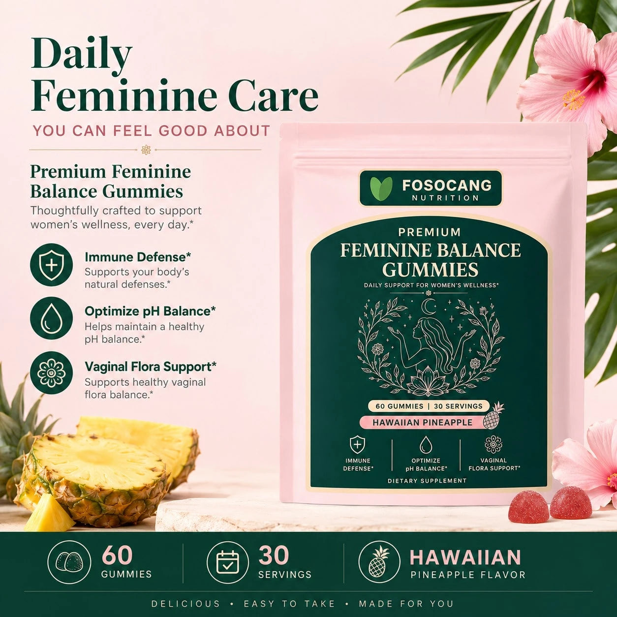 Daily Feminine Gentle Wellness Chewable Gummies, Premium Women's Balance Nutrient Soft Gummy Supplement Tropical Pineapple Taste, Supports Immune & Gentle Flora Maintenance, 60 Gummies Easy Chew Seale