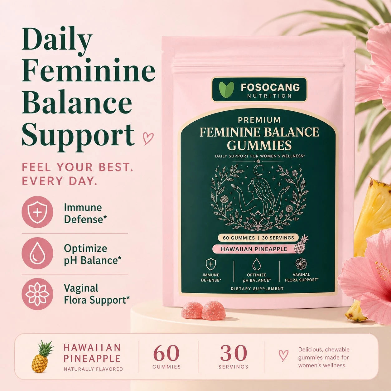 Daily Feminine Gentle Wellness Chewable Gummies, Premium Women's Balance Nutrient Soft Gummy Supplement Tropical Pineapple Taste, Supports Immune & Gentle Flora Maintenance, 60 Gummies Easy Chew Seale