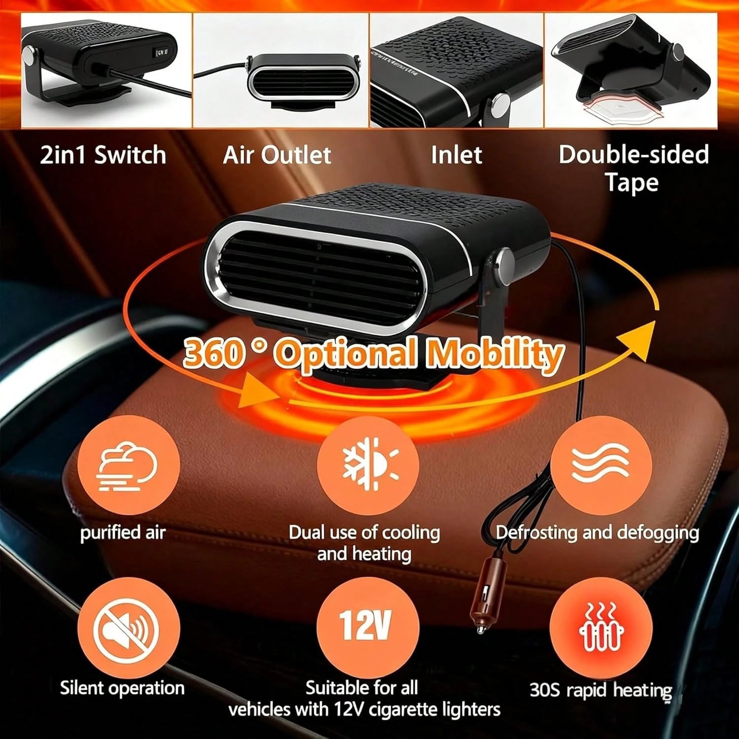 Dazone Portable Car Heater Electric Heating Fan Defogger Defroster Demister Cooler 12V 150W Electric Car Heater & Defroster Rapid Heating Cooling Fan For Vehicle