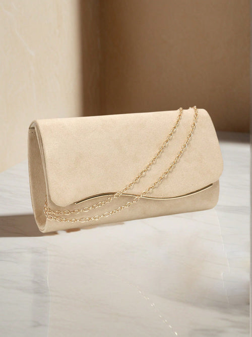 DAZY Beige Velvet Women's Evening Clutch Bag, Formal Party Handbag With Detachable Chain Strap