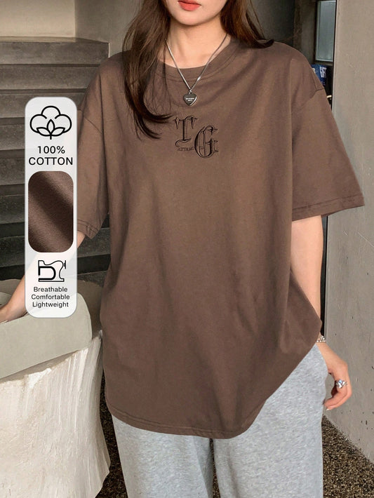 DAZY Embroidery Letter Pattern Drop Shoulder Tee Oversized T-Shirt Preppy Tops