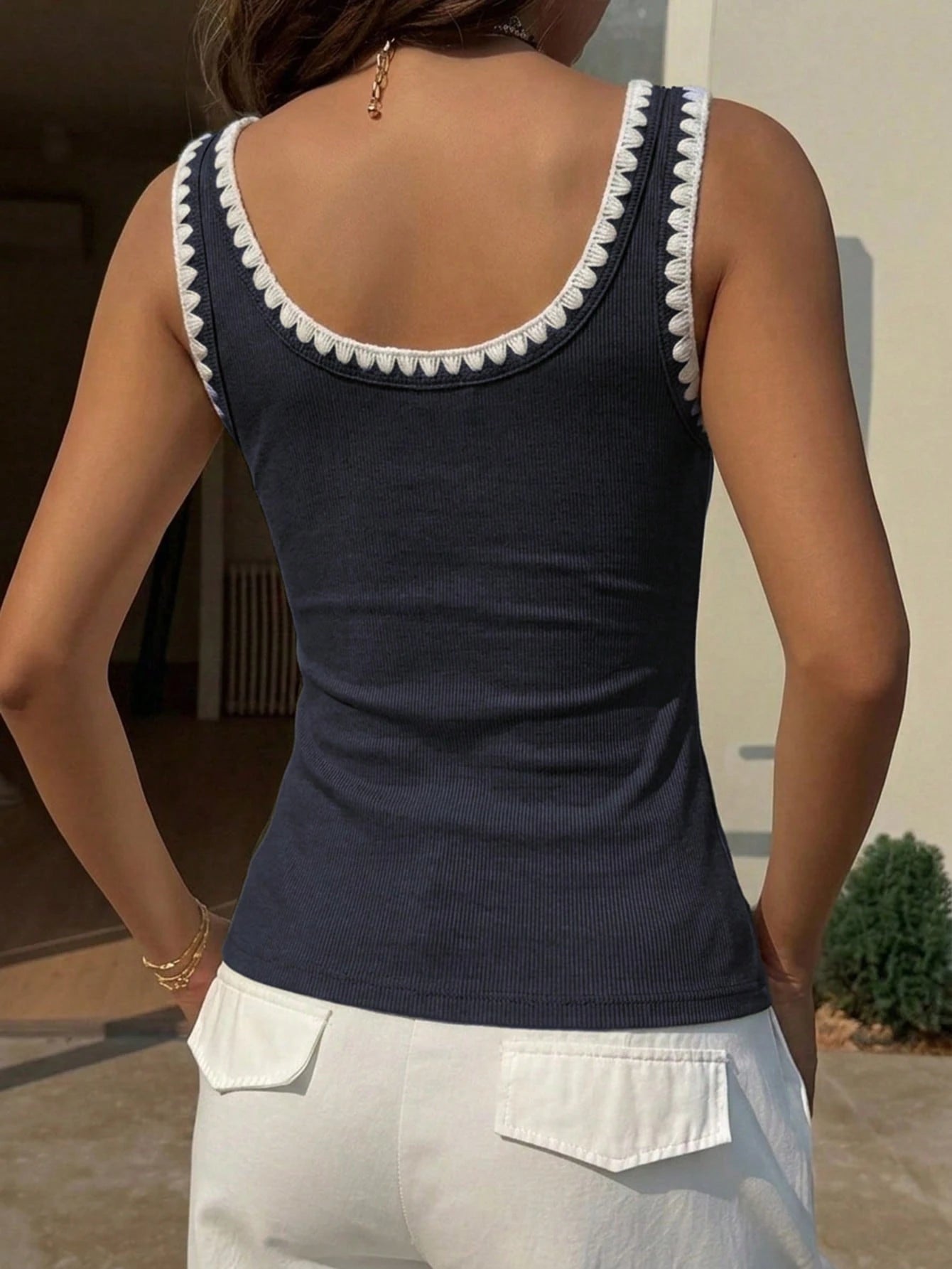 DAZY Holiday Summer Navy Contrast Trim Casual Fitted Women Tank Top
