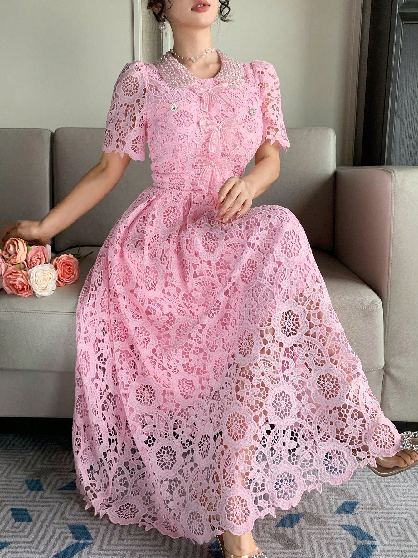 DAZY Lace Collar Waist Cinching Sweet Dress, High-End French Style Elegant Long Dress Sun Dresses For Women Summer