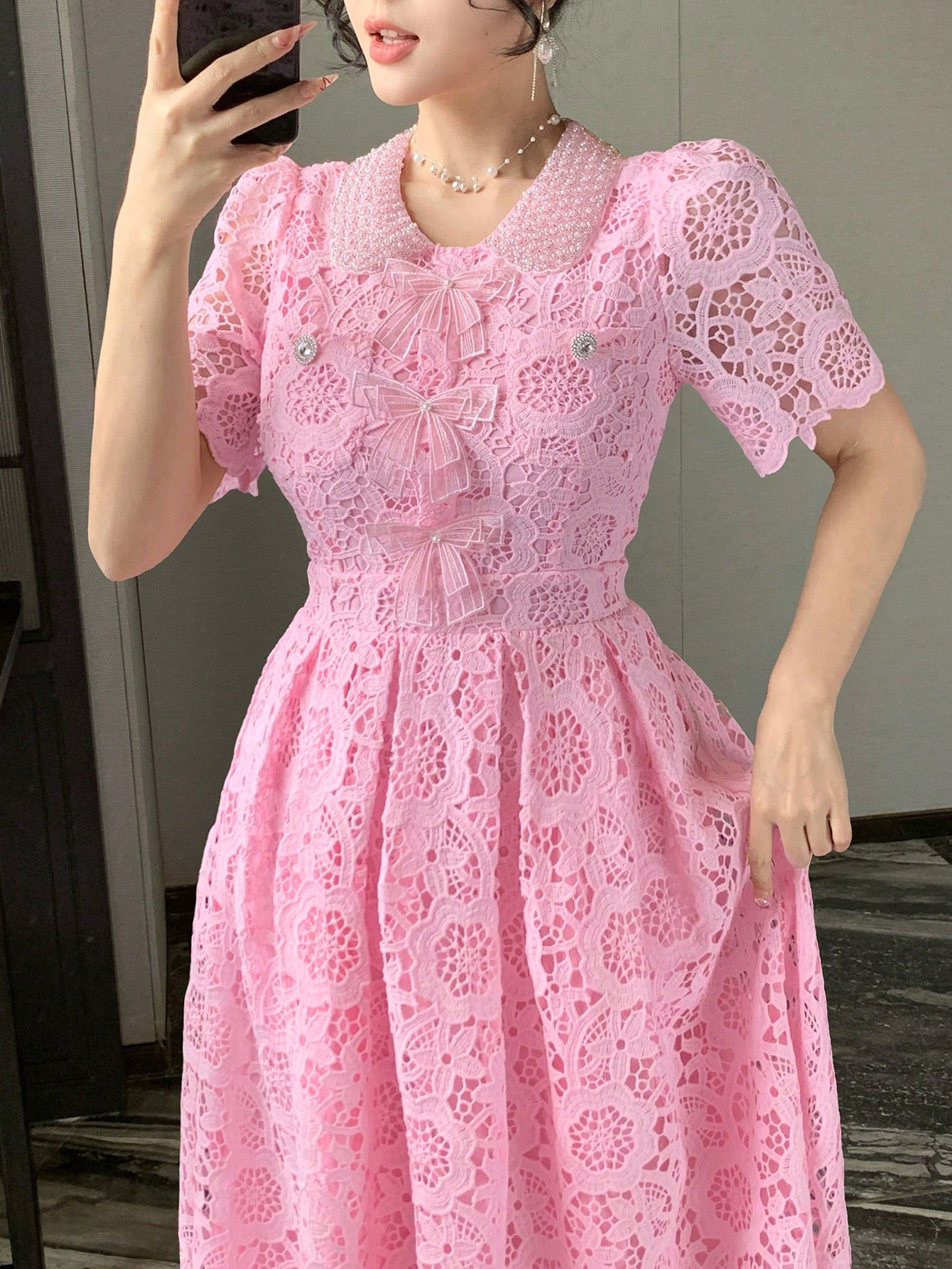 DAZY Lace Collar Waist Cinching Sweet Dress, High-End French Style Elegant Long Dress Sun Dresses For Women Summer