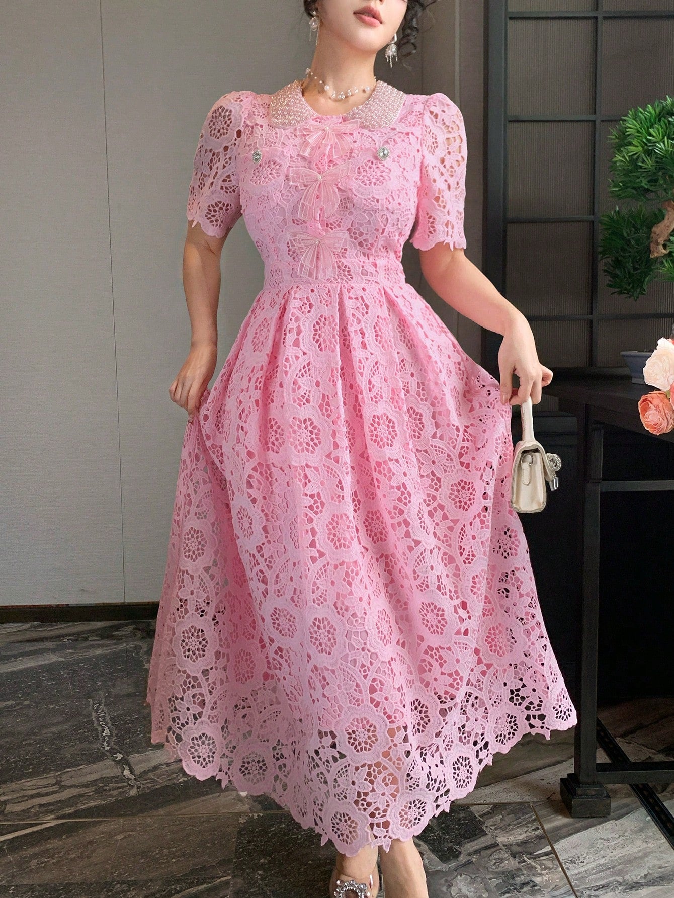 DAZY Lace Collar Waist Cinching Sweet Dress, High-End French Style Elegant Long Dress Sun Dresses For Women Summer