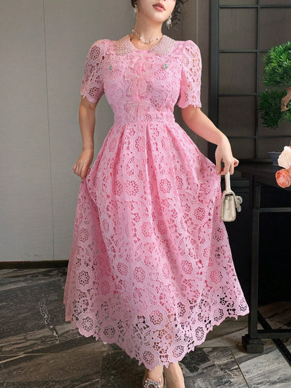 DAZY Lace Collar Waist Cinching Sweet Dress, High-End French Style Elegant Long Dress Sun Dresses For Women Summer