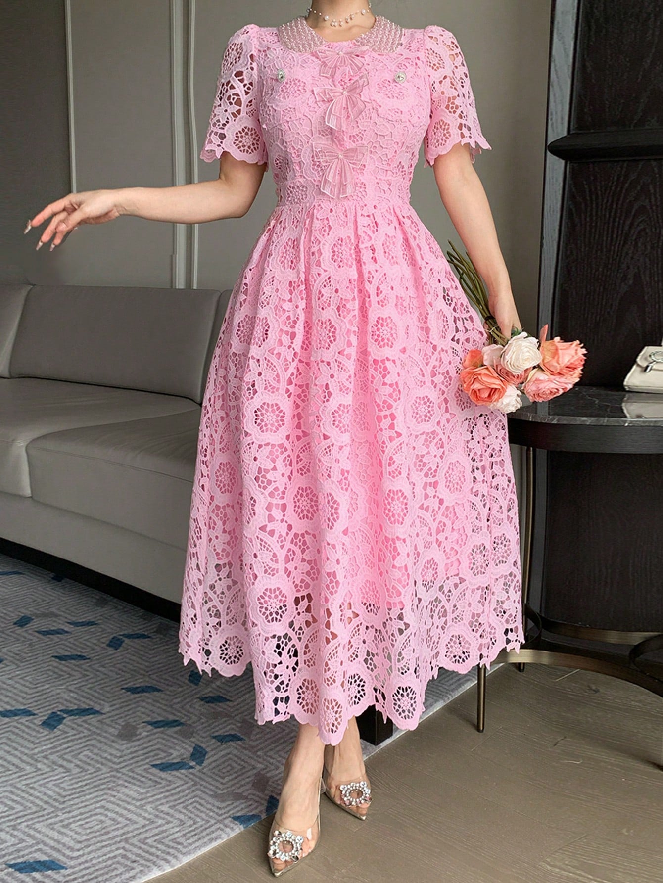 DAZY Lace Collar Waist Cinching Sweet Dress, High-End French Style Elegant Long Dress Sun Dresses For Women Summer