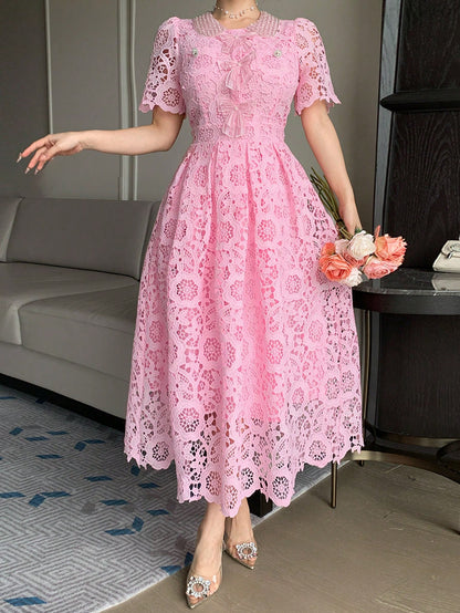 DAZY Lace Collar Waist Cinching Sweet Dress, High-End French Style Elegant Long Dress Sun Dresses For Women Summer