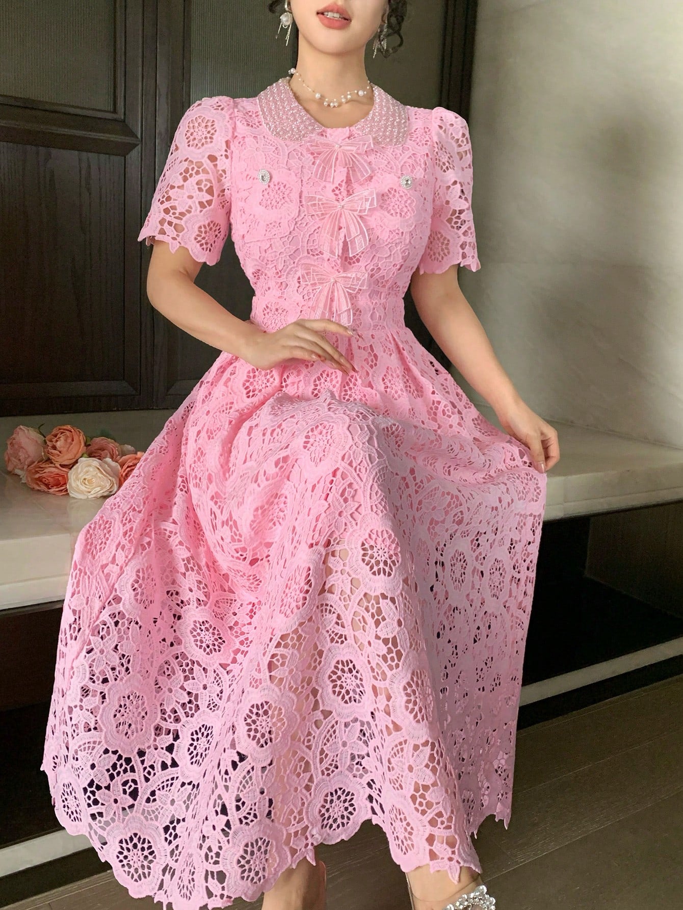 DAZY Lace Collar Waist Cinching Sweet Dress, High-End French Style Elegant Long Dress Sun Dresses For Women Summer