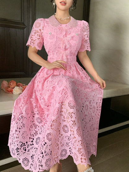 DAZY Lace Collar Waist Cinching Sweet Dress, High-End French Style Elegant Long Dress Sun Dresses For Women Summer