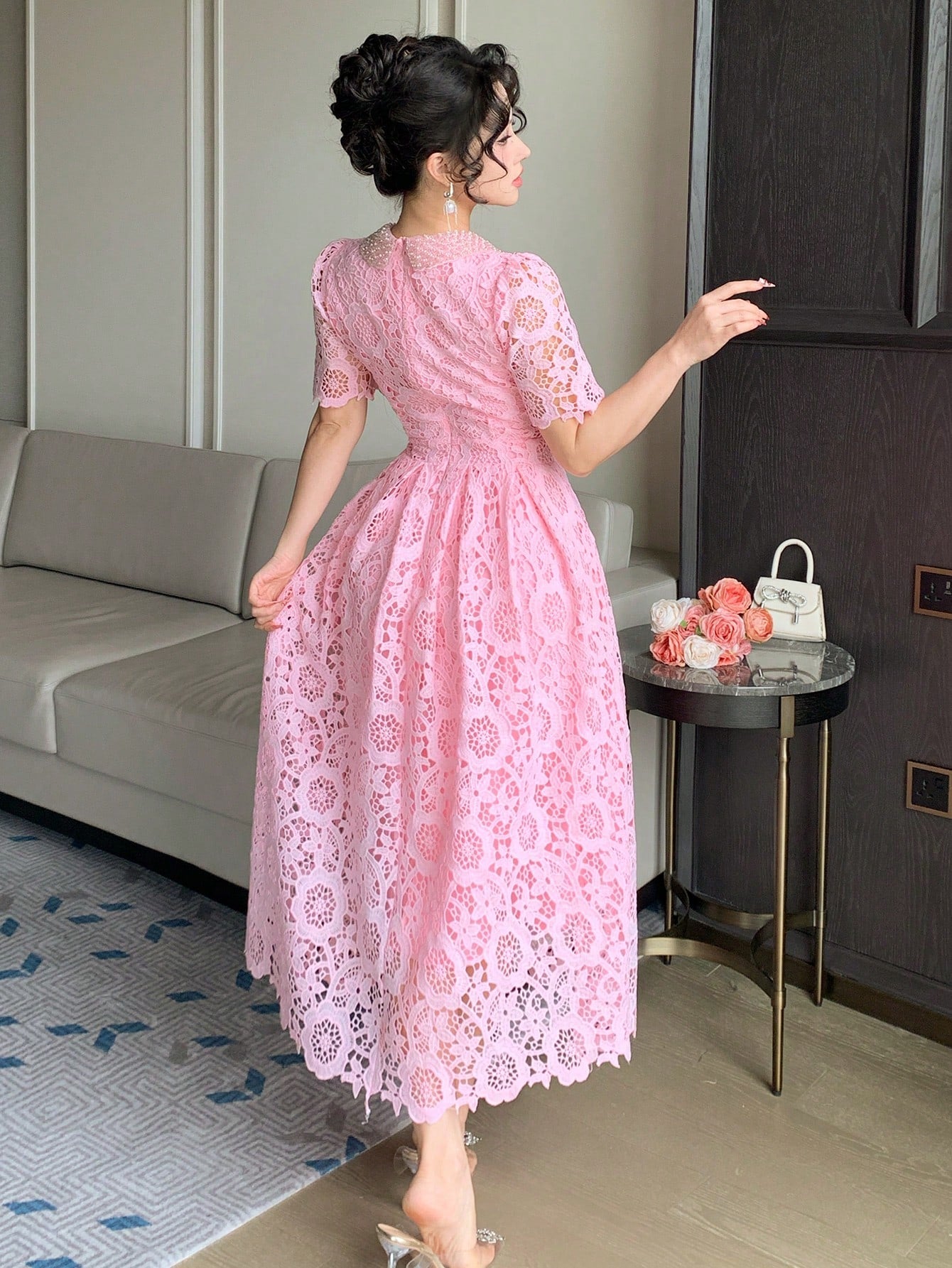 DAZY Lace Collar Waist Cinching Sweet Dress, High-End French Style Elegant Long Dress Sun Dresses For Women Summer