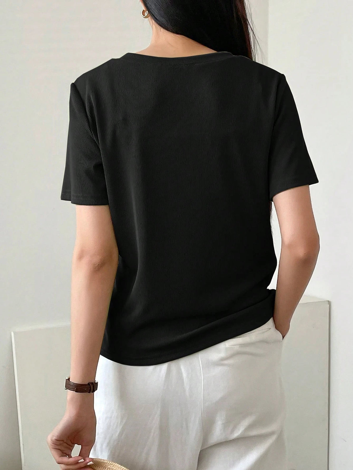 Dazy-Less Solid Rib Knit Button Front Tee Old Money Style Business Casual Woman Work Clothes
