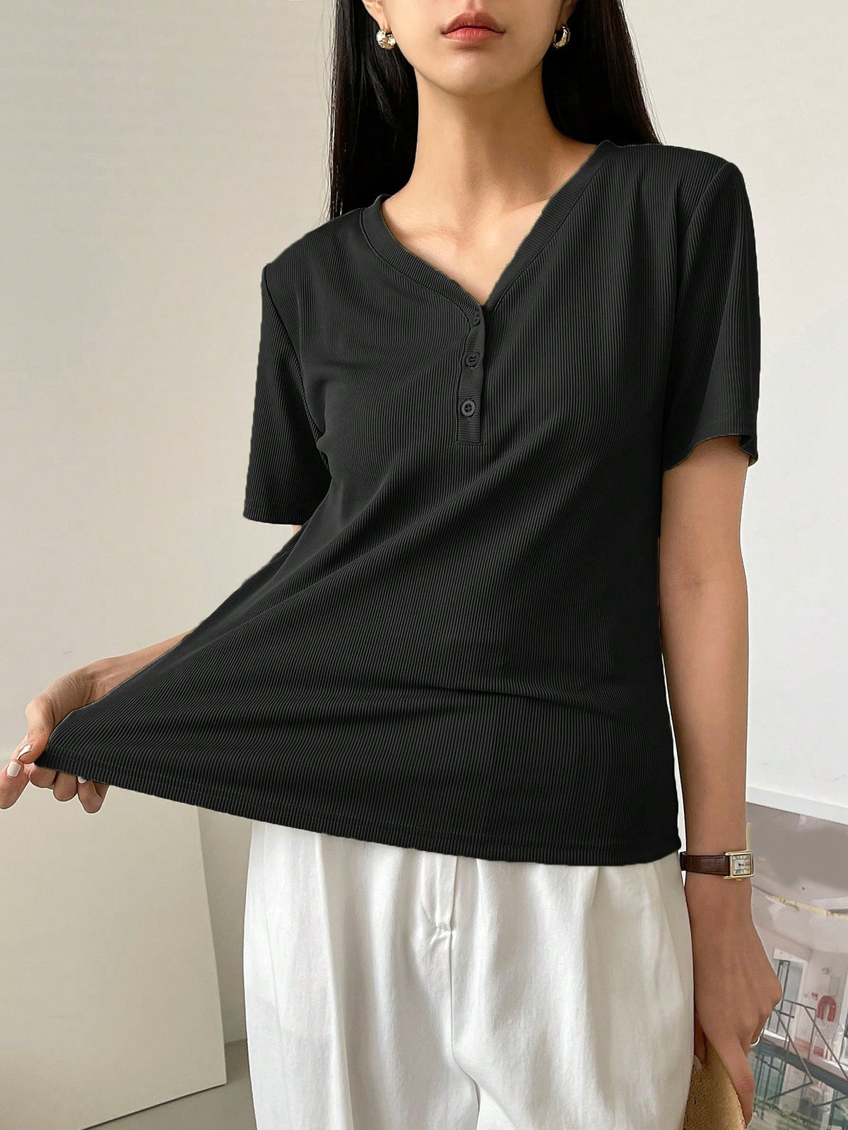 Dazy-Less Solid Rib Knit Button Front Tee Old Money Style Business Casual Woman Work Clothes