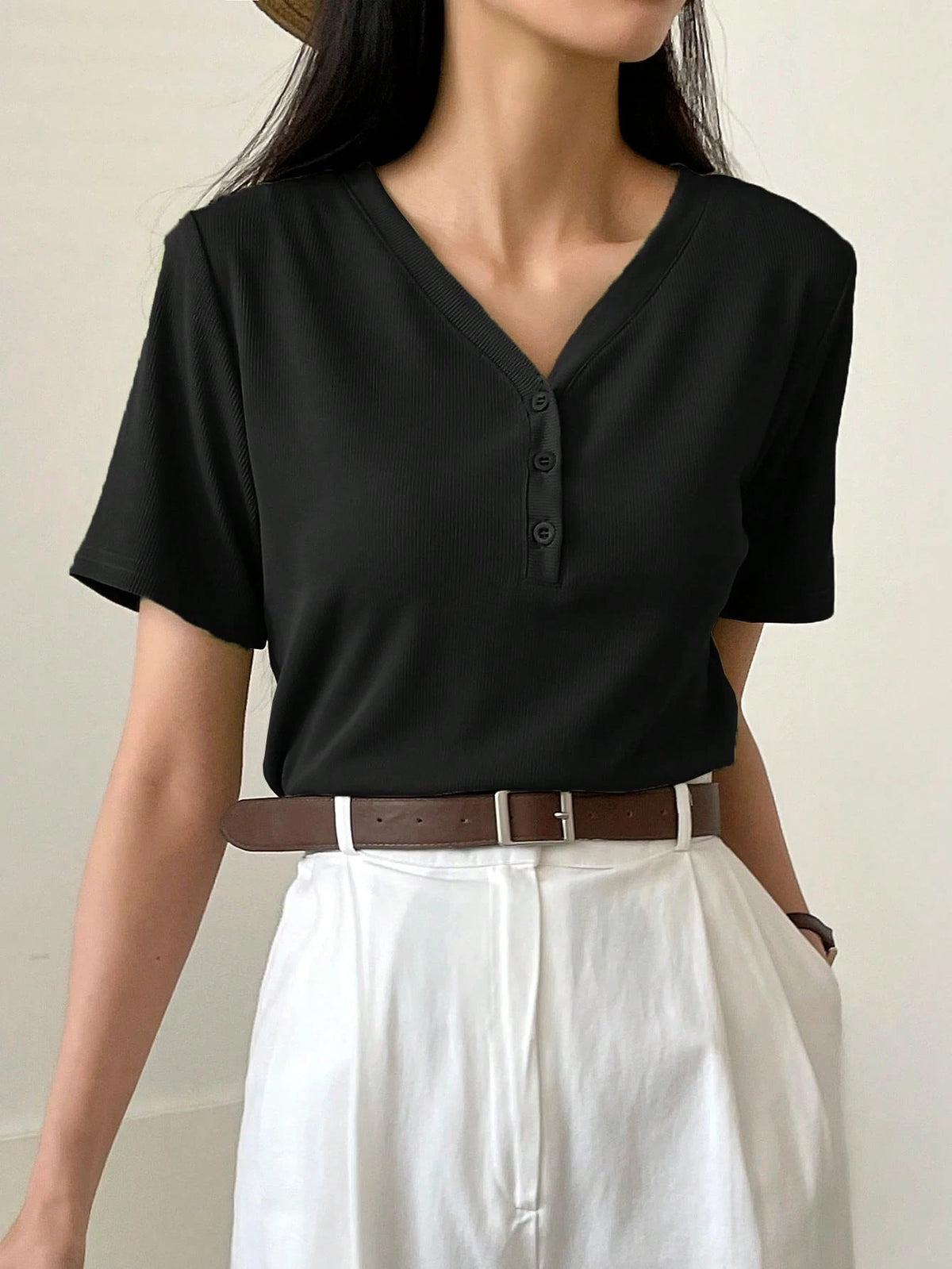 Dazy-Less Solid Rib Knit Button Front Tee Old Money Style Business Casual Woman Work Clothes