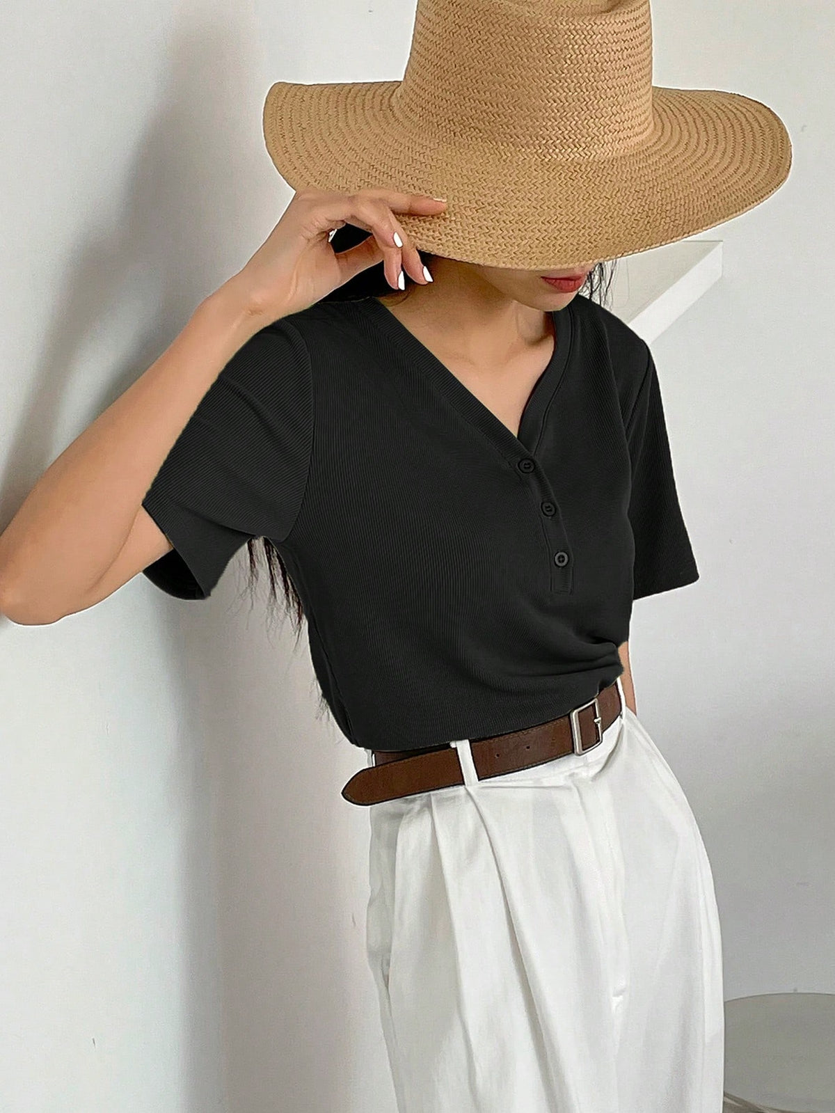 Dazy-Less Solid Rib Knit Button Front Tee Old Money Style Business Casual Woman Work Clothes