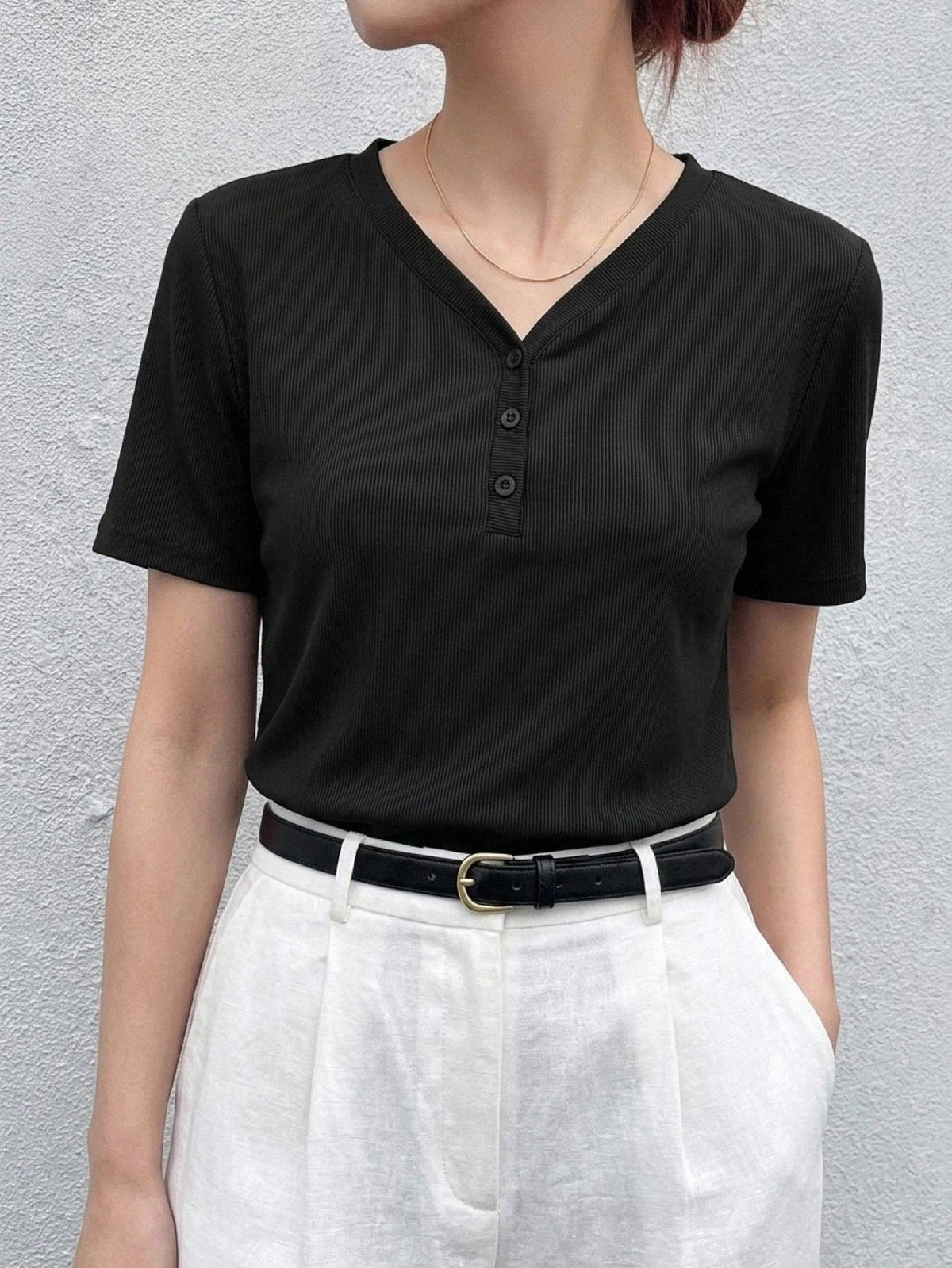 Dazy-Less Solid Rib Knit Button Front Tee Old Money Style Business Casual Woman Work Clothes