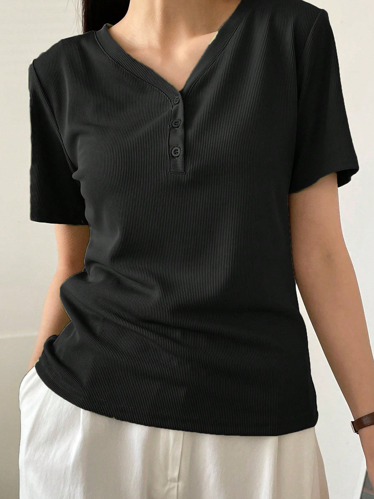 Dazy-Less Solid Rib Knit Button Front Tee Old Money Style Business Casual Woman Work Clothes