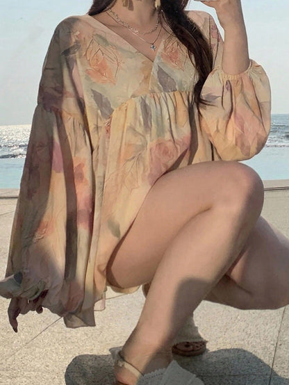 Dazy Plus Floral Print Loose Long Sleeve Round Neck Vacation Casual Spring Summer Autumn Pullover Elegant Long Sleeve Blouse
